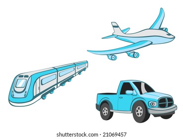Vector illustration of  Transport Cartoon  . Set of  Funny   blue  car, train and airplane.