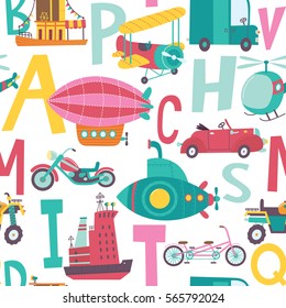 Vector illustration of transport for children. Cartoon seamless pattern on a white background. It can be used for backgrounds, surface textures, wallpapers, pattern fills.