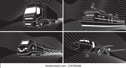 Vector illustration of Transport concept : airplane, train, truck, liner. Black and white