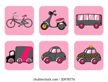 Vector Illustration of transportation icons. Includes bicycle, minibike, bus, track, car and taxi on the pink background.