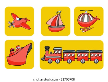 Vector Illustration of transportation icons. Includes airplane, sailboat, helicopter, ship and train on the yellow background