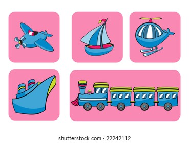 Vector Illustration of transportation icons. Includes airplane, sailboat, helicopter, ship and train on the pink background.