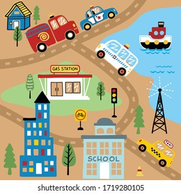 Vector illustration of transportations cartoon in a city, cityscape elements cartoon