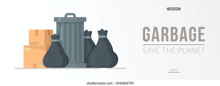 Ilustración vectorial de un cartel de bolsas de basura parado al lado de un cubo de basura. Baño de azufre para productos restringidos y desechos de la humanidad. Ordenar servicios de recogida de basura en el vertedero.