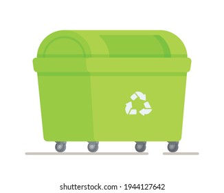 Vector illustration of trash bags standing by the trash can. Green recycling garbage can. Garbage can with trash bags.