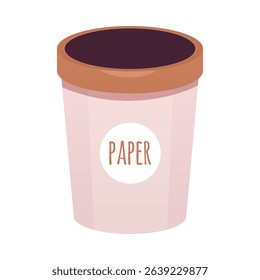 Vector illustration of trash bin, pink with brown rim and lettering, paper. Waste disposal and recycling equipment. Trash can, container. Flat style. Isolated background.