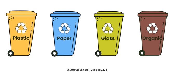 Ilustração vetorial de lixeiras, especificamente marcadas para diferentes tipos de resíduos e destinadas à correta triagem e reciclagem. são apresentados tipos de resíduos: plástico, papel, vidro e orgânicos.