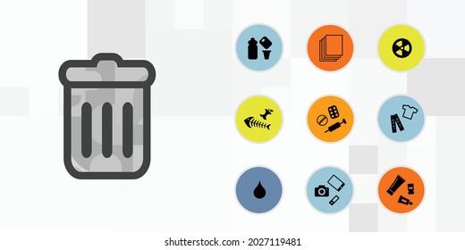 ilustración vectorial del cubo de basura y de los desechos clasificados a diferentes categorías