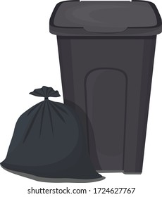 Vector illustration of trash can and garbage bag.