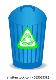 The vector illustration of the trash can isolated in white, with the recycle emblem on it.