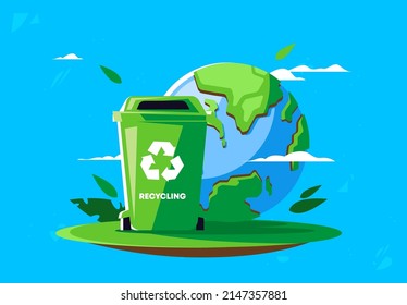 vector illustration of a trash can on a background of green leaves with planet earth, environmental protection, garbage sorting