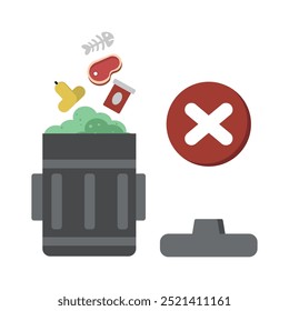vector illustration of a trash can with waste and dirty things. Non-recyclable waste. vector illustration.