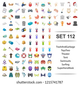 Vector illustration of trash, garbage, toy, theater, tent, swimsuit surfing superhero mask icon set.