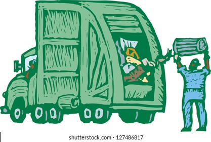 Vector Illustration Of Trash Man Dumping Trash Into Garbage Truck