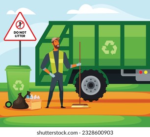 Vector illustration of trash pickup worker cleaning trash can in truck