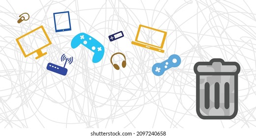 ilustración vectorial de basuras y dispositivos usados para el concepto ambiental de residuos electrónicos
