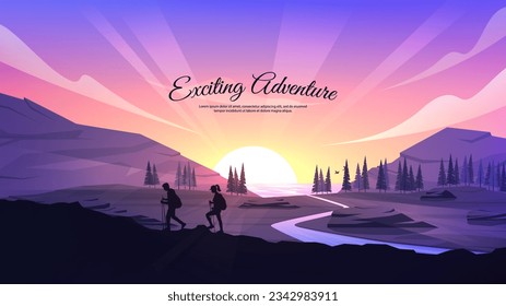 Vector illustration. Traveflers hill walks. Travel concept of discovering, exploring and observing nature. Hiking. Adventure tourism. Couple walking with backpack and travel sticks. Website template. 