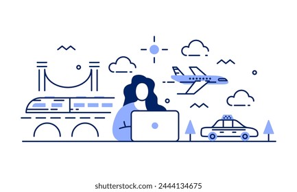 Vector illustration of a travel agent in front of a laptop planning a trip. Woman is choosing and buying online tickets for a plane, train and taxi. Travel agency work process, scheduling vacation