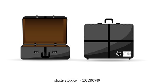 Vector illustration of travel bag in black color open and close. Vacation design template. design in flat style.