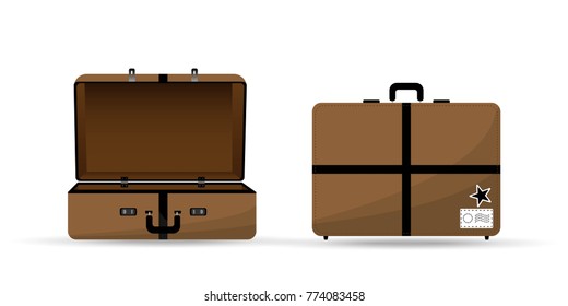 Vector illustration of travel bag in brown color open and close. Vacation design template. design in flat style.