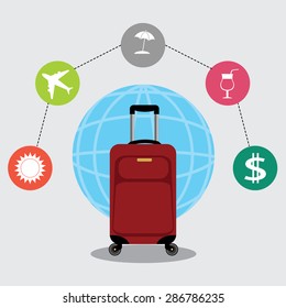 vector illustration of travel bag, case and different colorful travel icons on the background of the globe. Minimalistic flat design