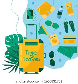 Vector illustration with travel bag and things. Banner with suitcase, smartphone, card, ticket, airplane, tropical leaves, sea, passport, sun glasses, bottle, swimsuit, swimming trunks, shorts, shell.