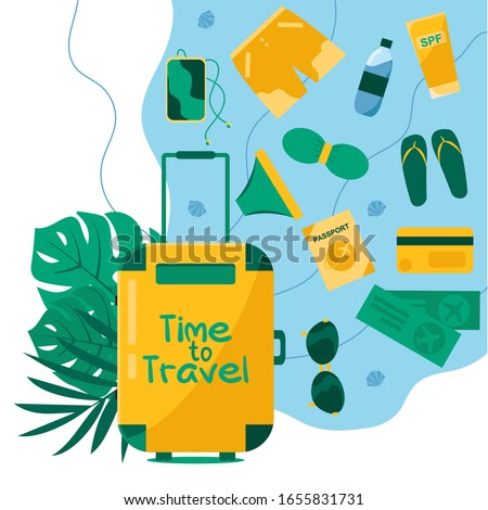 Vector illustration with travel bag and things. Banner with suitcase, smartphone, card, ticket, airplane, tropical leaves, sea, passport, sun glasses, bottle, swimsuit, swimming trunks, shorts, shell.