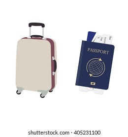 Vector illustration travel baggage and blue passport with boarding pass. Airplane ticket. Identification document. Vacation case with wheels. Luggage