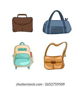 Ilustração vetorial de bolsas de viagem, incluindo uma mochila, bolsa de tipoia de couro, bolsa grande e pequena mala. Perfeito para viagens, estilo de vida e projetos com temas de embalagem.