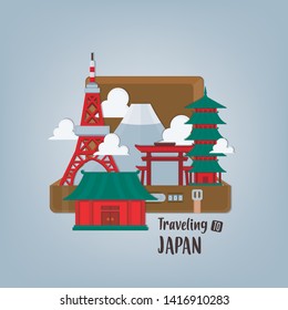 Vector illustration travel banner with Japan landmarks in suitcase. 