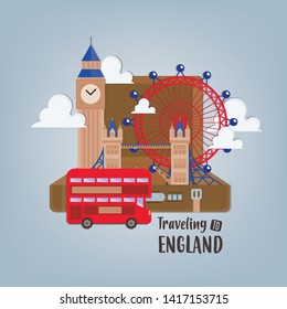 Vector illustration travel banner with London landmarks in suitcase. 