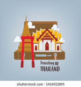 Vector illustration travel banner with Thailand landmarks in suitcase. 