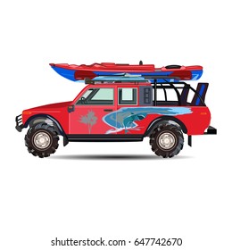 Vector illustration of travel car and kayak on it. Flat style design.