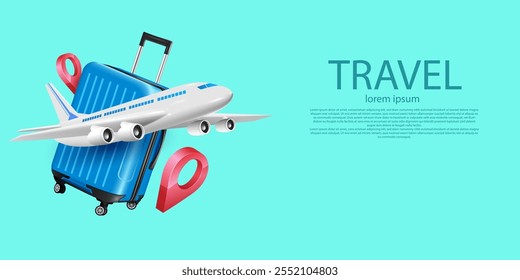 ilustração vetorial conceito de viagem banner.viagem bagagem, avião e localização pin fly.holiday e turismo de lazer fundo.