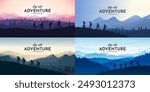 Vector illustration. Travel concept of discovering, exploring and observing nature. Group  of tourists have hiking trip. Travelers with backpack and travel walking sticks. Website template landscape