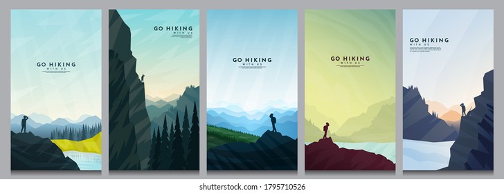 Vector illustration. Travel concept of discovering, exploring and observing nature. Hiking. Adventure tourism. Minimalist graphic flyers. Polygonal flat design for coupon, voucher, gift card - Shutterstock ID 1795710526