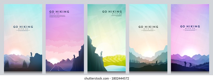 Vector illustration. Travel concept of discovering, exploring and observing nature. Hiking. Adventure tourism. Minimalist graphic flyers. Polygonal flat design for coupon, voucher, gift card