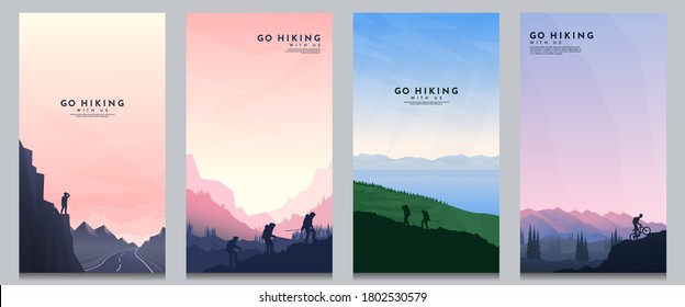 Vector illustration. Travel concept of discovering, exploring and observing nature. Hiking. Adventure tourism. Minimalist graphic flyers. Polygonal flat design for coupon, voucher, gift card