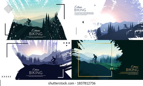 Vector illustration. Travel concept of discovering. Explore and observe nature. Paint ink brush overlay. Flat design template of web banner, website template. Landscapes set. Backgrounds collection