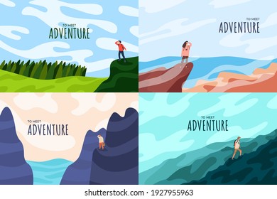 Vector illustration. Travel concept of discovering, exploring and observing nature. Hiking. Adventure tourism. Minimalist graphic design for banner, website template. Clouds. Motivation concept.