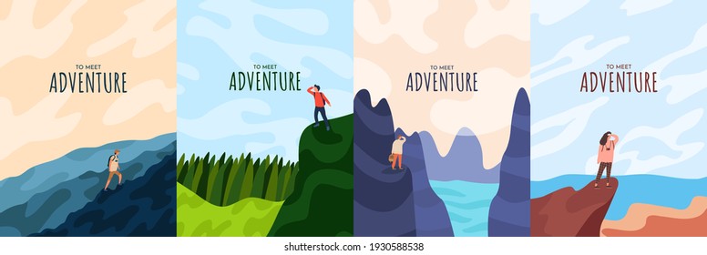 Vektorgrafik. Reisekonzept der Entdeckung, Erkundung und Beobachtung der Natur. Wandern. Abenteuertourismus-Hintergrund. Minimalistische Grafik. Cartoon-Design für Poster, Buchcover, Magazin, Banner