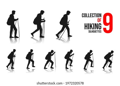 Vector illustration. Travel concept of discovering, exploring and observing nature. Hiking. Adventure tourism. The guy walks with a backpack and travel walking sticks. Design element for web template