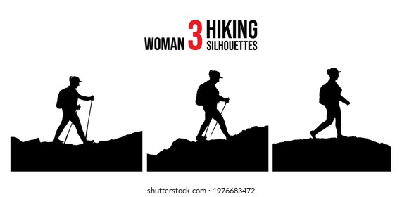 Vector illustration. Travel concept of discovering, exploring and observing nature. Hiking. Adventure tourism. Woman walks with a backpack and travel walking sticks. Design element for web template