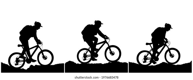 Vector illustration. Travel concept of discovering, exploring and observing nature. Biking. Adventure tourism. Woman ride a bike with a backpack on the rock. Design element for web template