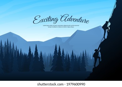 Vector illustration. Travel concept of discovering, exploring and observing nature. Hiking. Adventure tourism. Friends climb with backpack on the cliff. Website template. Natural blue wallpaper