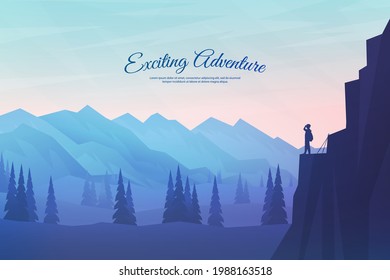 Vector illustration. Travel concept of discovering, exploring and observing nature. Hiking. Adventure tourism. Man looking at view. Lake, forest, hills. Website template. Natural colorful wallpaper.