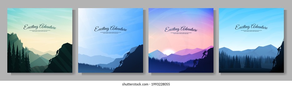 Vector illustration. Travel concept of discovering, exploring and observing nature. Hiking. Climbing. Adventure tourism. Flat design for social media, blog post, poster, invitation. gift card.