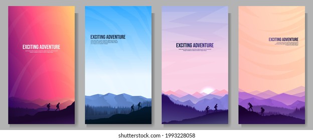 Vector illustration. Travel concept of discovering, exploring and observing nature. Hiking. Adventure tourism. Minimalist graphic flyers. Polygonal flat design for coupon, voucher, gift card, flyer