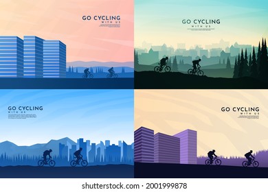 Vector illustration. Travel concept of discovering, exploring and observing nature. Cycling. Adventure tourism. Flat graphic polygonal landscape. Minimalist design for web banner, website template.