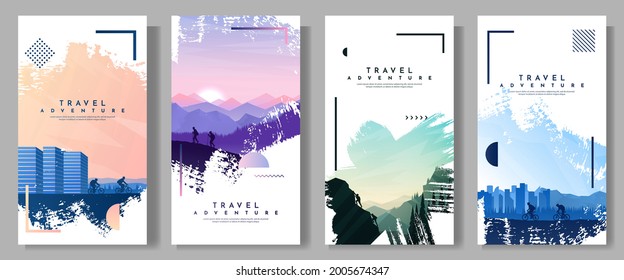 Vector illustration. Travel concept of discovering, exploring and observing nature. Couple hikes, climbs on rock, rides on bike. Adventure tourism. Flat design template of flyer, coupon, voucher, card